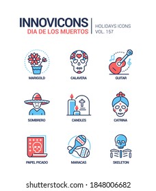 Dia de los Muetros - modern line design style icons set. Mexican holiday signs, traditions and symbols idea. Marigold, calavera, guitar, sombrero, candles, Catrina, papel picado, maracas, skeleton