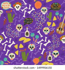 Dia de los Muretos, Day of the Dead seamless pattern hand drawn doodle style cartoon background for textile. Wallpaper, wrapping paper, fabric. Stock vector. 