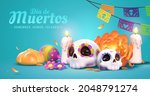 Dia de muertos altar concept. Composition of sugar skulls, white candles, marigold flowers, papel picado and bread of the dead. 3d illustration