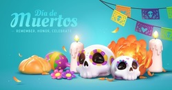 Dia De Muertos Altar Concept. Composition Of Sugar Skulls, White Candles, Marigold Flowers, Papel Picado And Bread Of The Dead. 3d Illustration
