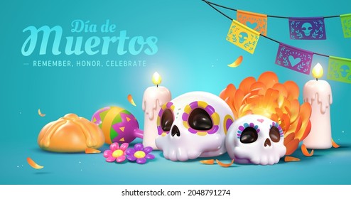 Dia de muertos altar concept. Composition of sugar skulls, white candles, marigold flowers, papel picado and bread of the dead. 3d illustration