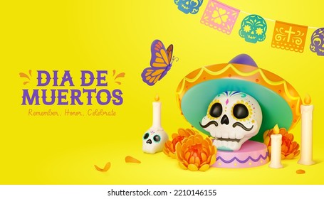 Concepto de altar de Dia de Muertos. Composición 3D de enderezamiento de cráneos de azúcar con sombrero, velas, flores de caléndula, mariposa y papel picado. Texto: Día de los muertos