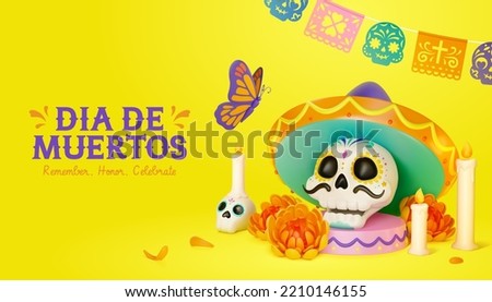 Dia de muertos altar concept. 3D rendering composition of sugar skulls with hat, candles, marigold flowers, butterfly, and papel picado. Text: Day of the dead