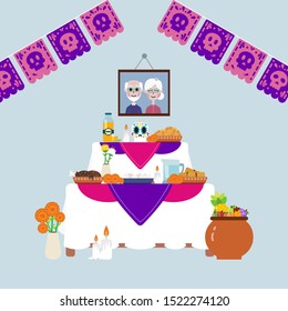 Dia de muertos altar, different altar elements, food, drinks, cempasuchil flowers, candles, sugar skull on light blue background