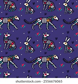 Dia de Muertos animals seamless pattern. Skeletons with flowers. Mexican holiday decor elements. Tiger skulls. Rabbit bones. Dead mammal. Halloween mystic fauna. Garish