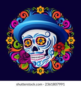 Dia de muertos badge or icon, Day of the dead sugar skull with mexican floral decoration