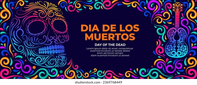 Dia De Muertos banner with colorful Day of the dead Sugar skull and Mexican flowers border