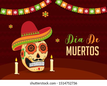 Dia De Muertos banner or poster design with illustration of ornate skull or calavera wearing sombrero hat and illuminated candles on brown abstract background.