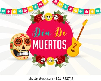 Dia De Muertos banner or poster design with ornate skull or calaveras, guitar and bunting flags decorated on white rays background.