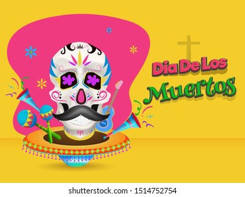 Dia De Muertos banner or poster design with sugar skull, sombrero hat and musical instrument on abstract yellow background.