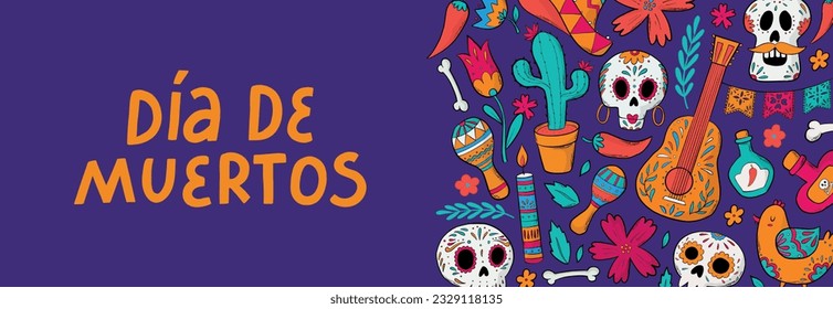 Dia de muertos banner, poster, print, card decorated with lettering quote and doodles on purple background. EPS 10