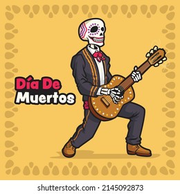 Dia de muertos banner with skeleton in sombrero playing guitar