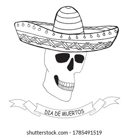Dia de muertos banner. Skull profile in sombrero hand drawn graphic ink sketch stock vector illustration for web, for print.  