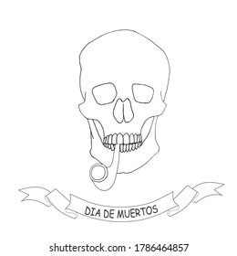 Dia de muertos banner. Skull anphase with pipe hand drawn graphic ink sketch stock vector illustration for web, for print 