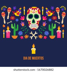 Dia de muertos - black poster for Day of the dead holiday celebration flyer with painted sugar skull, lit candle and traditional ornaments. Flat vector illustration.