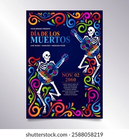 Dia de Muertos Brochure. Dancing skeleton with vibrant color mexican Ornament design