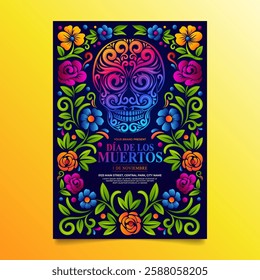 Dia de muertos Brochure, Day of the dead sugar skull with mexican floral decoration