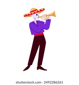 The Dia de Muertos is captured in a colorful vector illustration with a cheerful skeleton musician in national clothes with a sombrero playing the trumpet