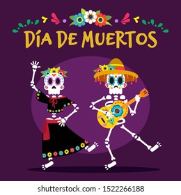 Dia de muertos card, dancing skulls with mexican costumes, celebration name with ornaments on purple background.