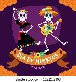 Dia de muertos card, dancing skulls with mexican costumes and guitar, ribbon with ornaments on purple background and cempasuchil flowers