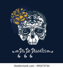 Dia De Muertos card. Mexican day of the dead. Skull decorated with traditional ornament for the holiday. Invitation poster. Hand drawn.