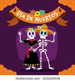 Dia de muertos card, skulls with mexican costumes saluting, ribbon with ornaments on purple background and cempasuchil flowers.