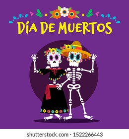 Dia de muertos card, skulls with mexican costumes saluting, celebration name with ornaments on purple background.