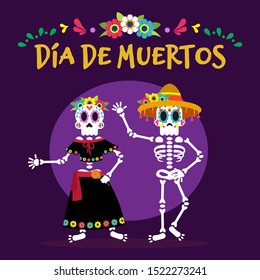 Dia de muertos card, Skulpturen mit mexikanischen Kostümen, Feiername mit Ornamenten auf violettem Hintergrund