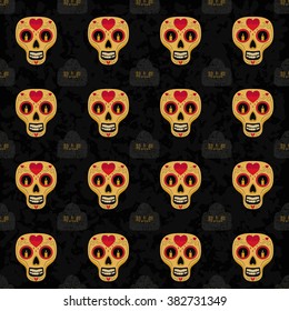 Dia de Muertos cartoon Skull Ornate Day of The Dead seamless pattern