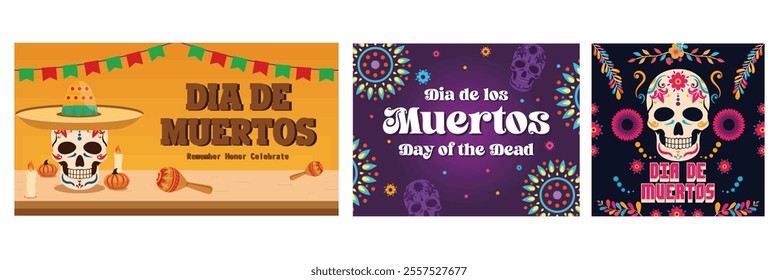 Dia de Muertos Celebration. Inscription Day of the Dead in Spanish. Sugar Skull Design With Floral Elements. Set flat vector modern illustration 