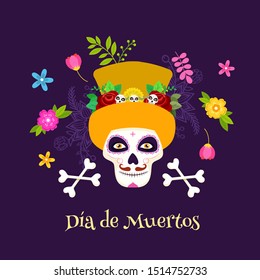 Dia De Muertos celebration poster design with sugar skull or calaveras, crossbones and flowers decorated on purple background.