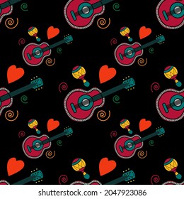 Dia de muertos colored seamless pattern. On a black background - cute colorful Mexican guitar, Mexican maracas