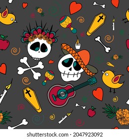 Dia de muertos colored seamless pattern. On a dark gray background - cute colorful skulls, marigold flowers, sombrero, Mexican guitar, Mexican maracas, coffin, candle, apples and birds