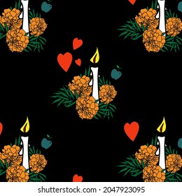 Dia de muertos colored seamless pattern. On a black background - cute colorful marigold flowers and candles