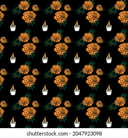 Dia de muertos colored seamless pattern. On a black background - cute colorful marigold flowers and candles