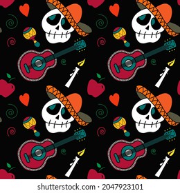 Dia de muertos colored seamless pattern. On a black background - cute colorful skulls, sombrero, Mexican guitar, Mexican maracas, coffin, candle, apples.