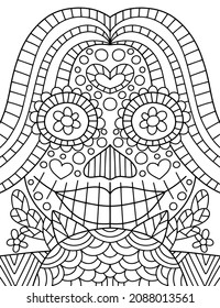 Dia de Muertos coloring page with ornamental woman and flowers vector illustration