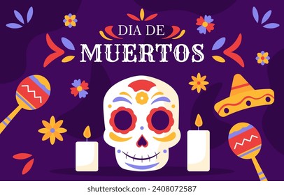 Concepto de Dia de Muertos. Día de la Muerte Tradicional Mexicana. Calavera colorida con flores. Maracas y sombrero. Plantilla de postal de felicitación. Dibujo vectorial plano de dibujos animados