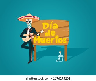 Dia de muertos. Day of the Dead mexican 
 traditional holiday vector background with standing skeleton in sombrero holding guitar and wooden sign plate with text. Vector EPS10