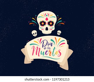 Dia de Muertos or day of the Dead. Skull banner for mexican celebration. Traditional mexico skeleton decoration with flowers and sugar skull colorful art. Day dead holiday. Vector