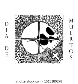 Dia De Muertos, Day of The Dead, Monochrome Illustration, Skull, Isolated Vector