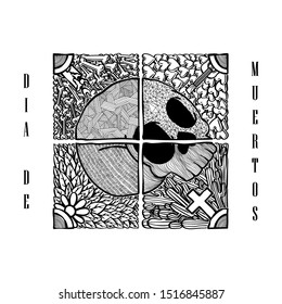 Dia De Muertos, Day of The Dead, Monochrome Illustration, Skull, Isolated Vector