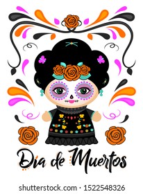 Dia de Muertos, Day of the Dead Spanish text Classic Mexican Catrina Doll and ornaments.