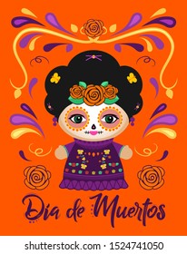 Dia de Muertos, Day of the Dead Spanish text Classic Mexican Catrina Doll and ornaments.