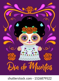 Dia de Muertos, Day of the Dead Spanish text Classic Mexican Catrina Doll and ornaments.