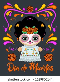 Dia de Muertos, Day of the Dead Spanish text Classic Mexican Catrina Doll and ornaments.