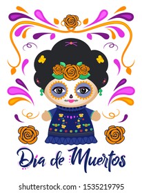 Dia de Muertos, Day of the Dead Spanish text Classic Mexican Catrina Doll and ornaments.