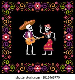 Día de Muertos de marco ornamental muerto con esqueleto en sombrero y Catrina Calavera. Afiche mexicano de Halloween. Iluminación vectorial.