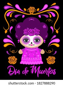 Dia de Muertos, Day of the Dead Spanish text Classic Mexican Catrina Doll and ornaments.