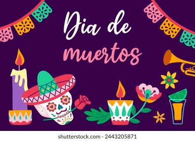 Día de Muertos o Día de Muertos. Banner tradicional con calavera, flores, velas, guirnalda. Halloween en México.